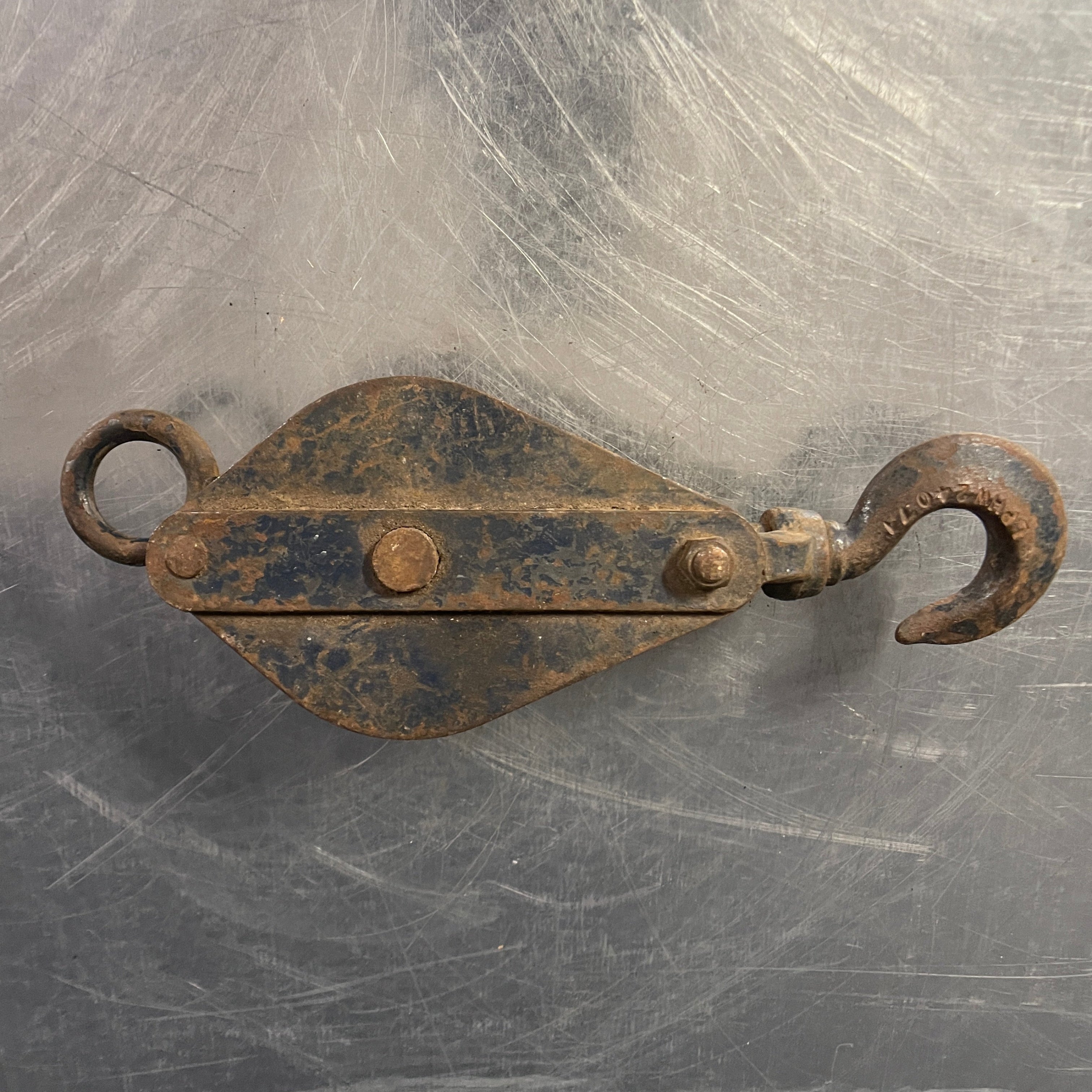 Industrial powerhouse props prop rental hire vintage movie film set dec blue red pulley hook