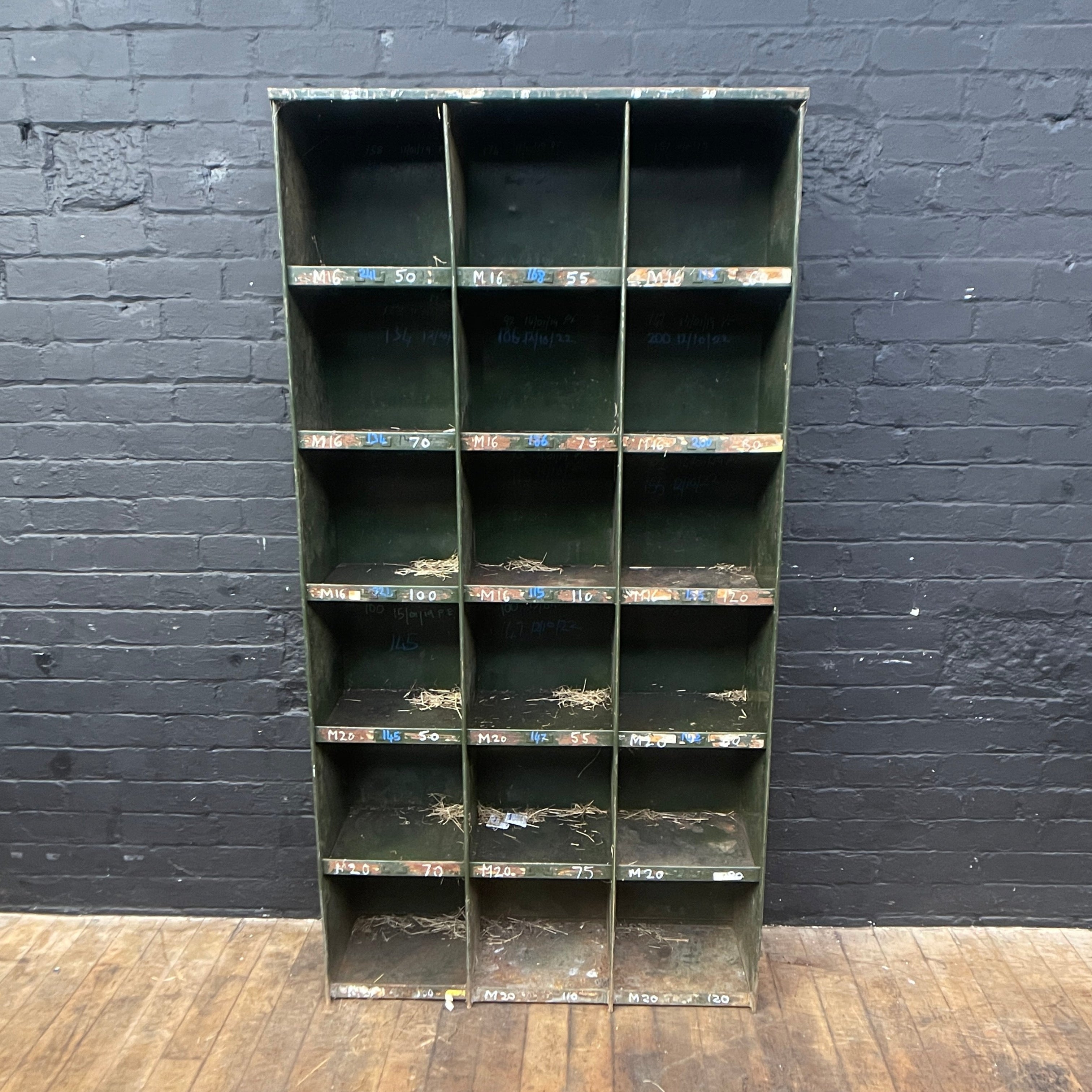 Industrial powerhouse props prop rental hire vintage movie film set dec engineers shelving pigeonholes shelves green unit