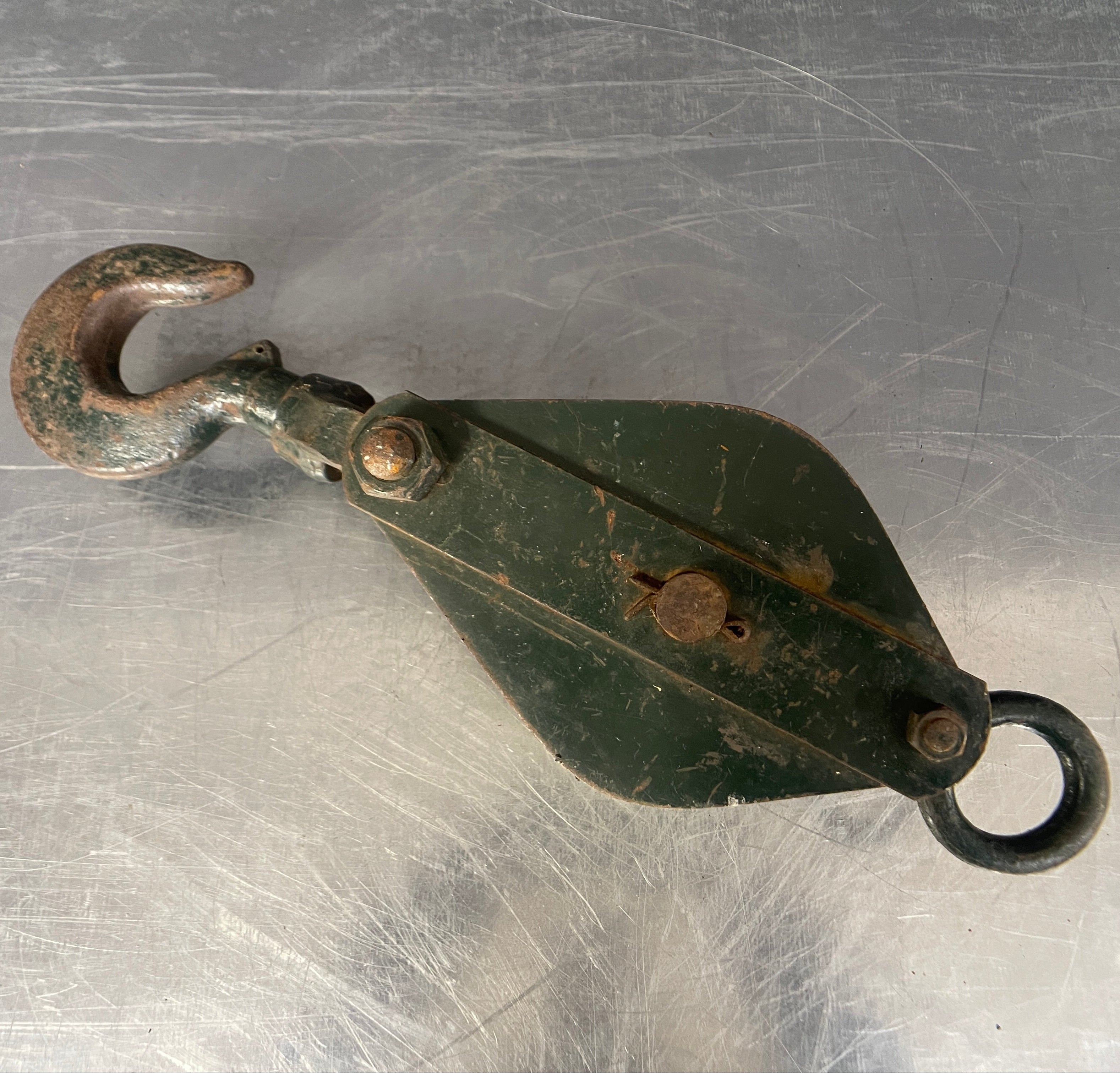 Industrial powerhouse props prop rental hire vintage movie film set dec large green pulley hook