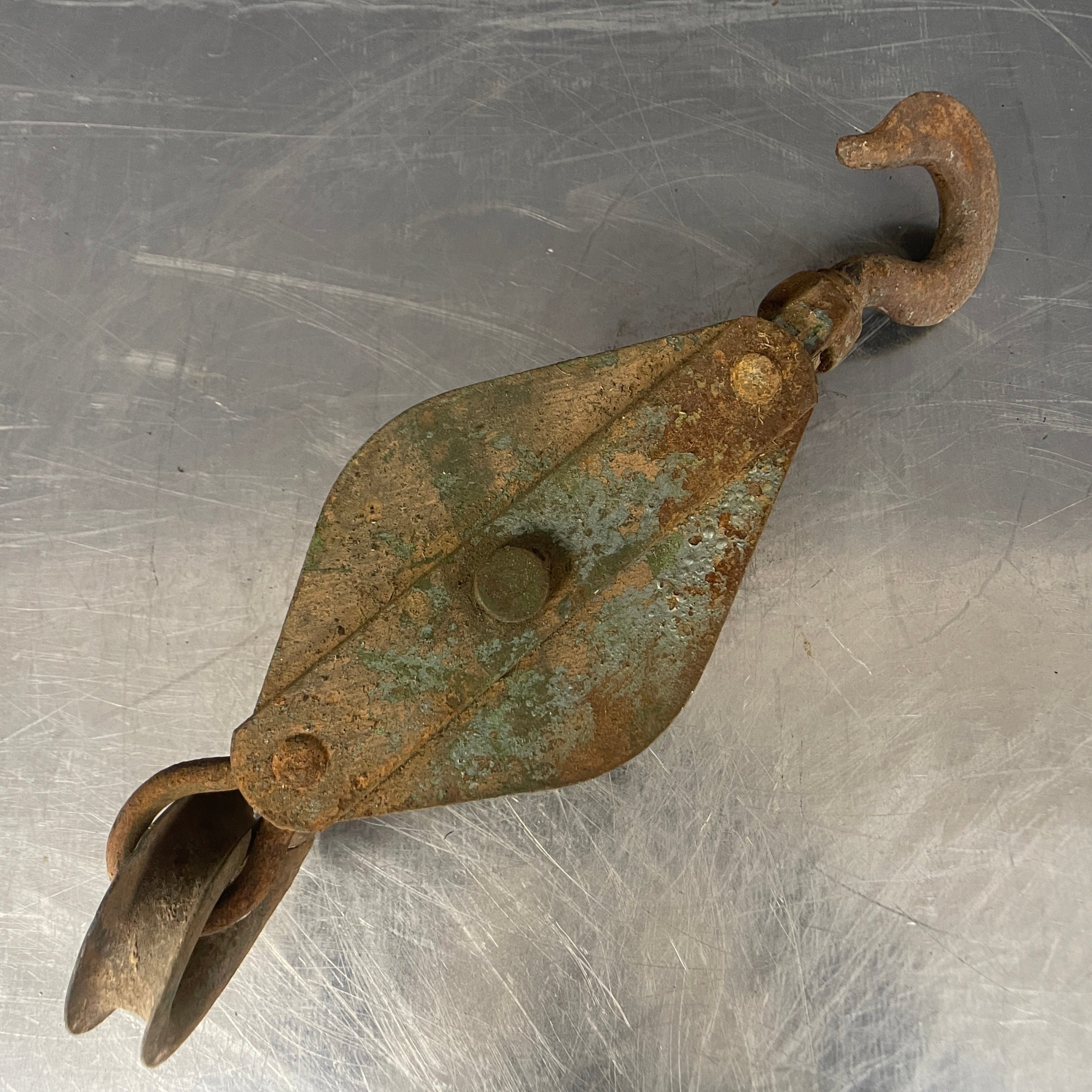 Industrial powerhouse props prop rental hire vintage movie film set dec large rusty blue pulley hook