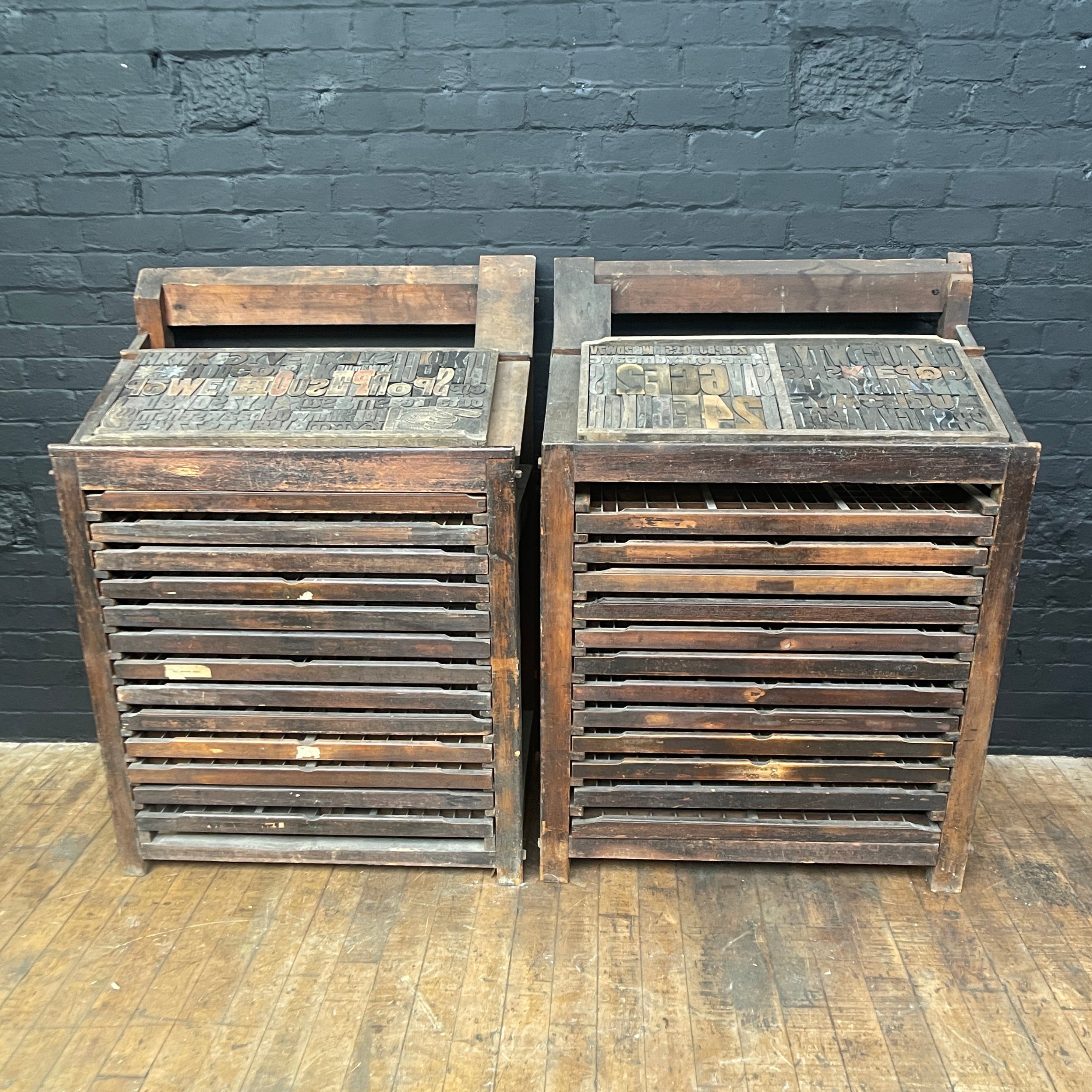 Industrial powerhouse props prop rental hire vintage movie film set dec letterpress printing cabinet drawers printing printers wooden