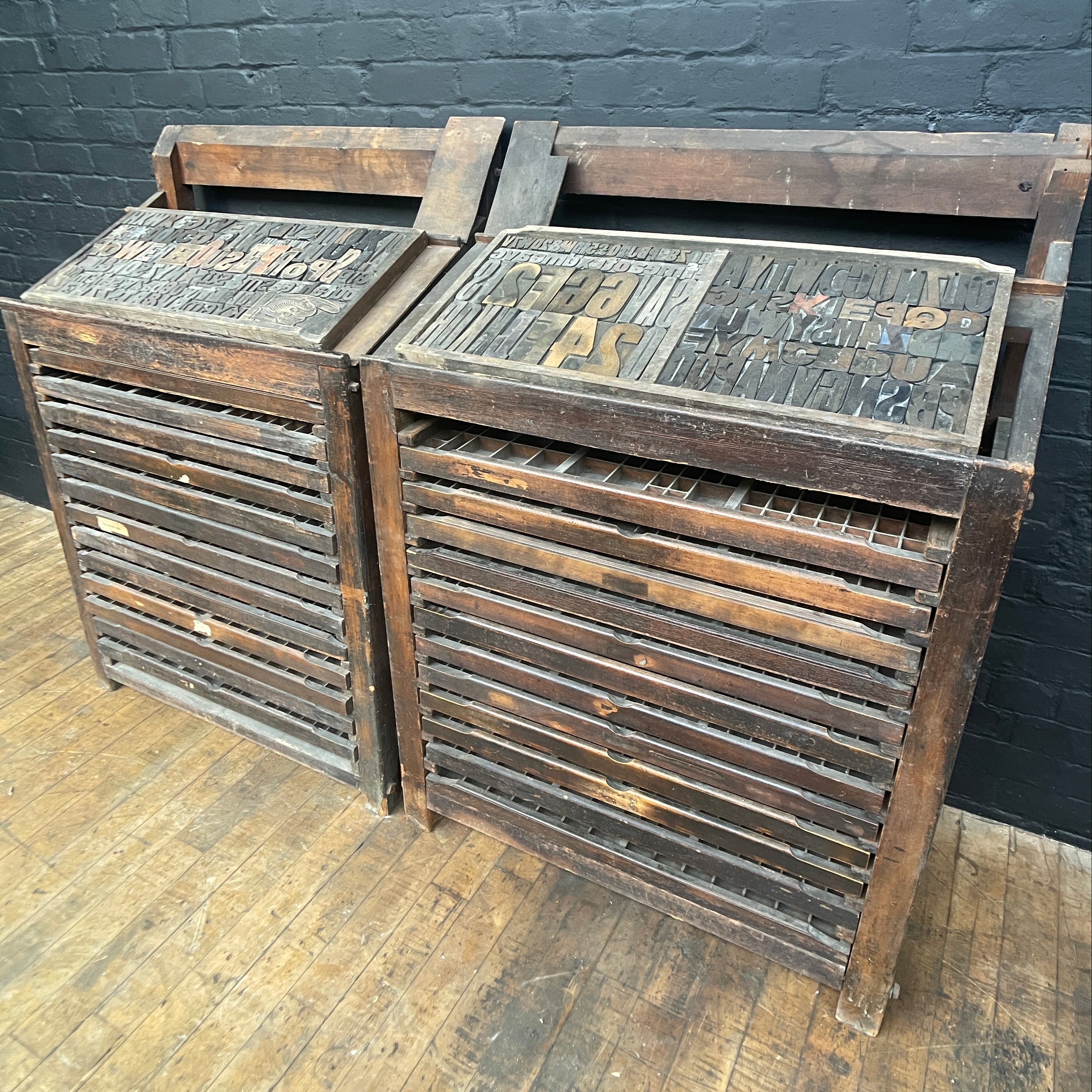 Industrial powerhouse props prop rental hire vintage movie film set dec letterpress printing cabinet drawers printing printers wooden 2