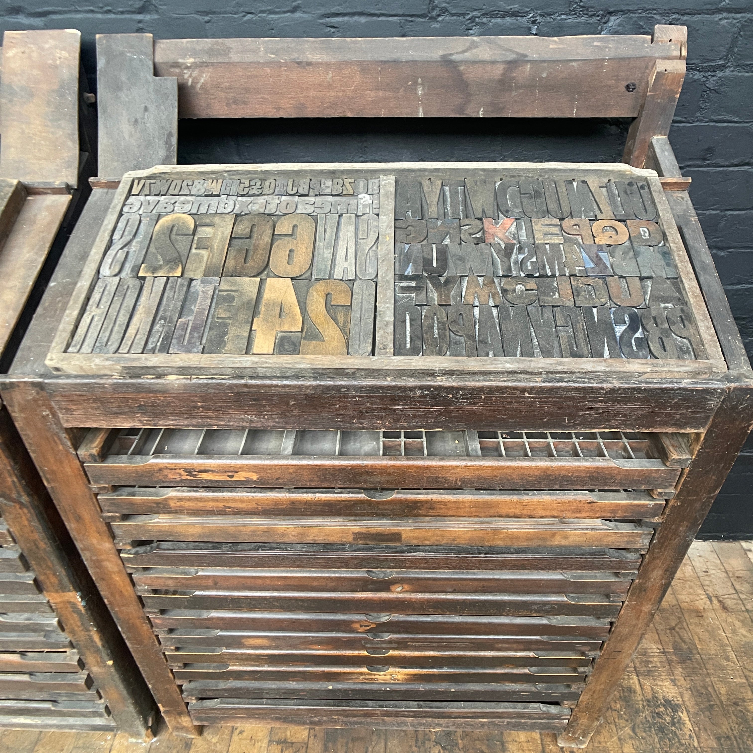 Industrial powerhouse props prop rental hire vintage movie film set dec letterpress printing cabinet drawers printing printers wooden 3