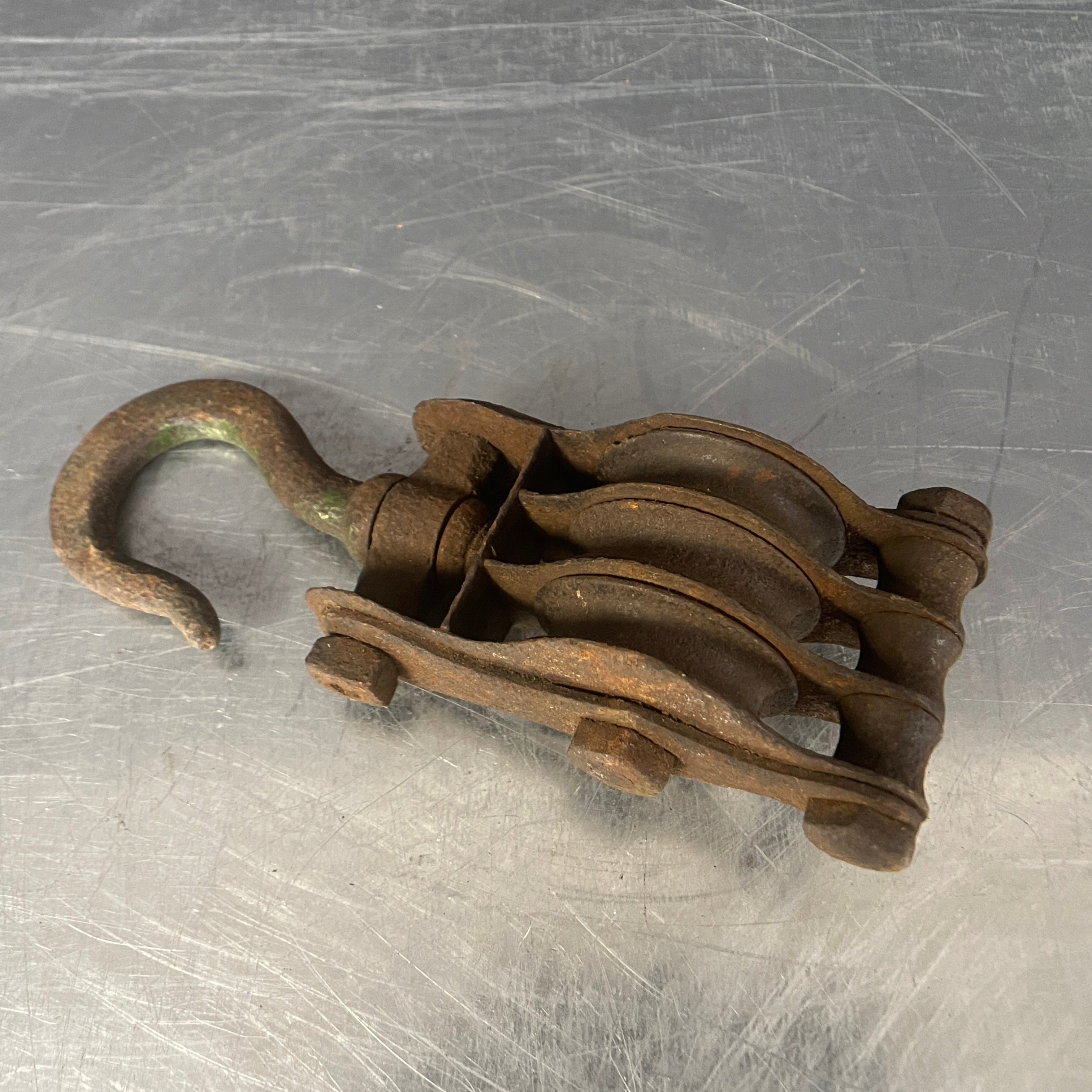 Industrial powerhouse props prop rental hire vintage movie film set dec rusty pulley hook three wheel