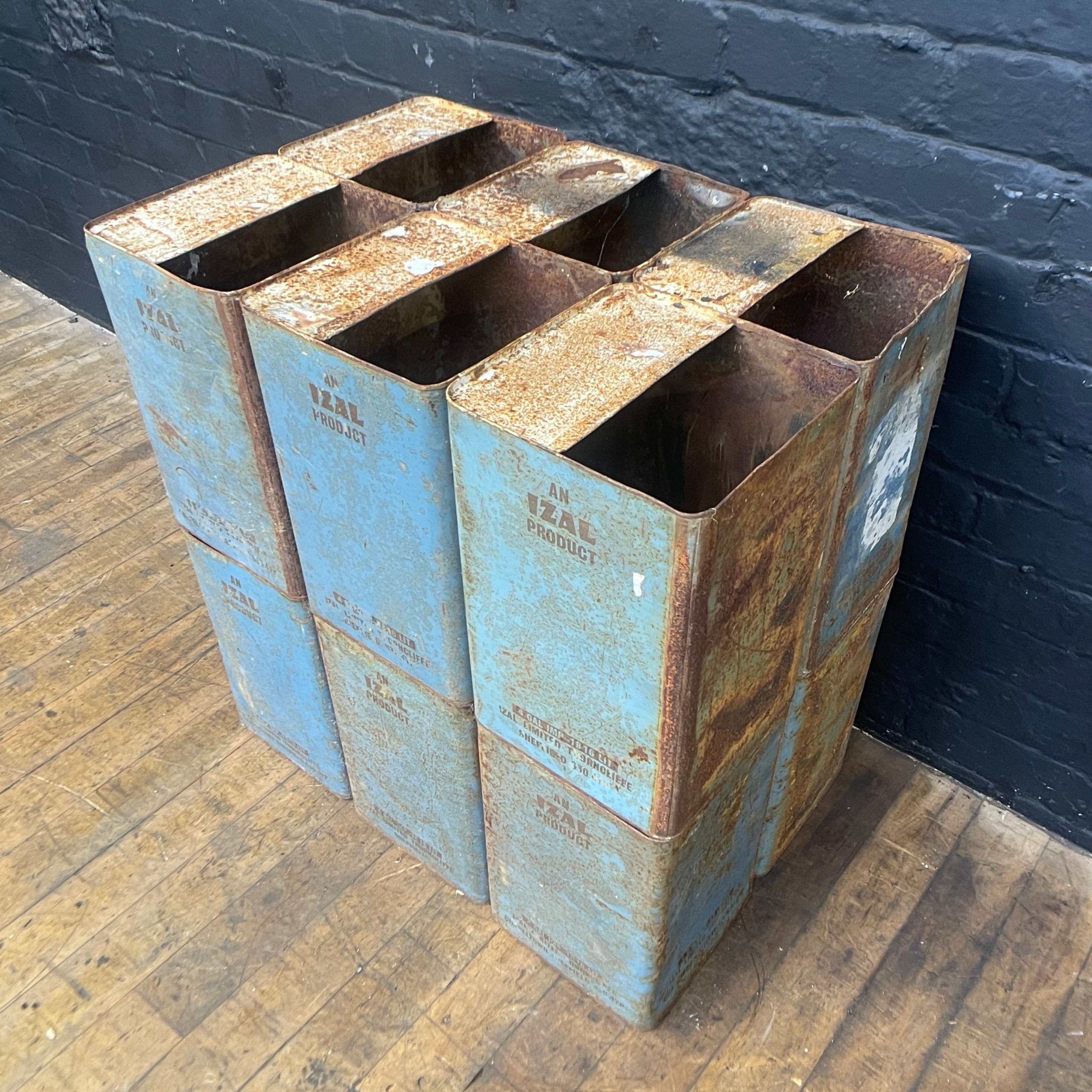 blue industrial storage tins stacks Industrial powerhouse props prop rental hire vintage movie film set dec 1