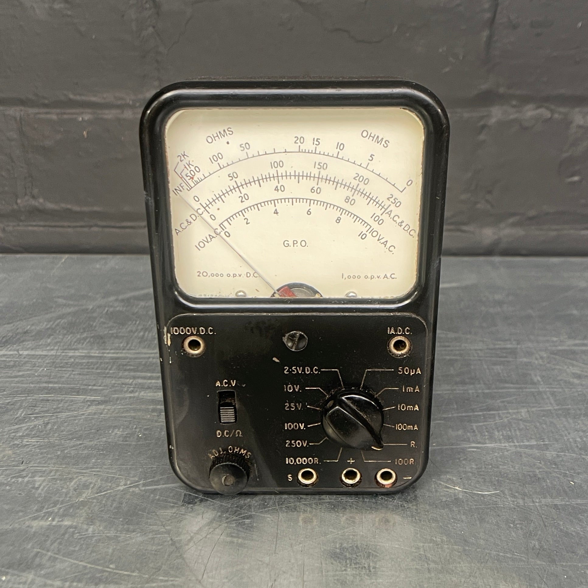 electrical OHMS meter tester scientific Industrial powerhouse props prop rental hire vintage movie film set dec black