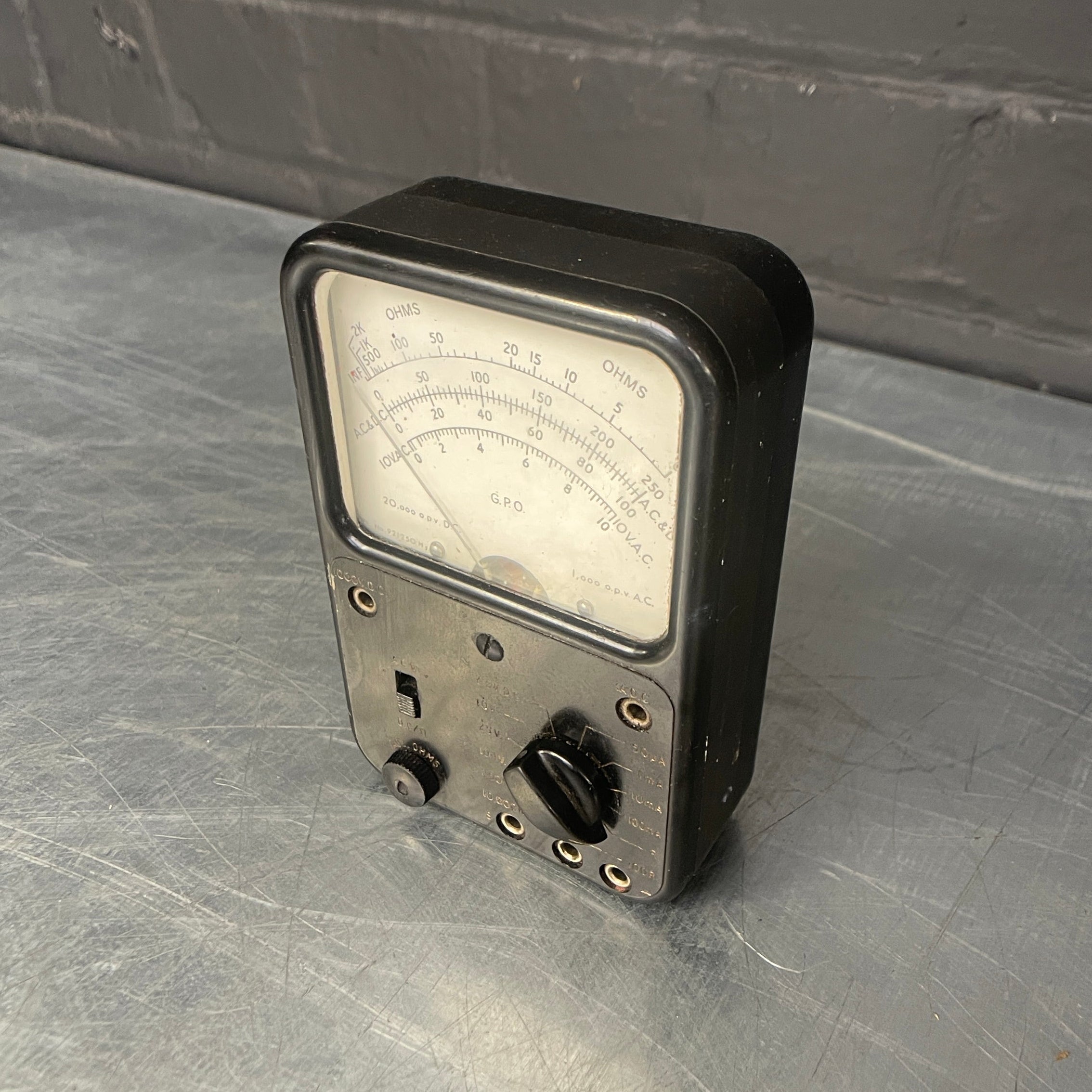 electrical OHMS meter tester scientific Industrial powerhouse props prop rental hire vintage movie film set dec black 1