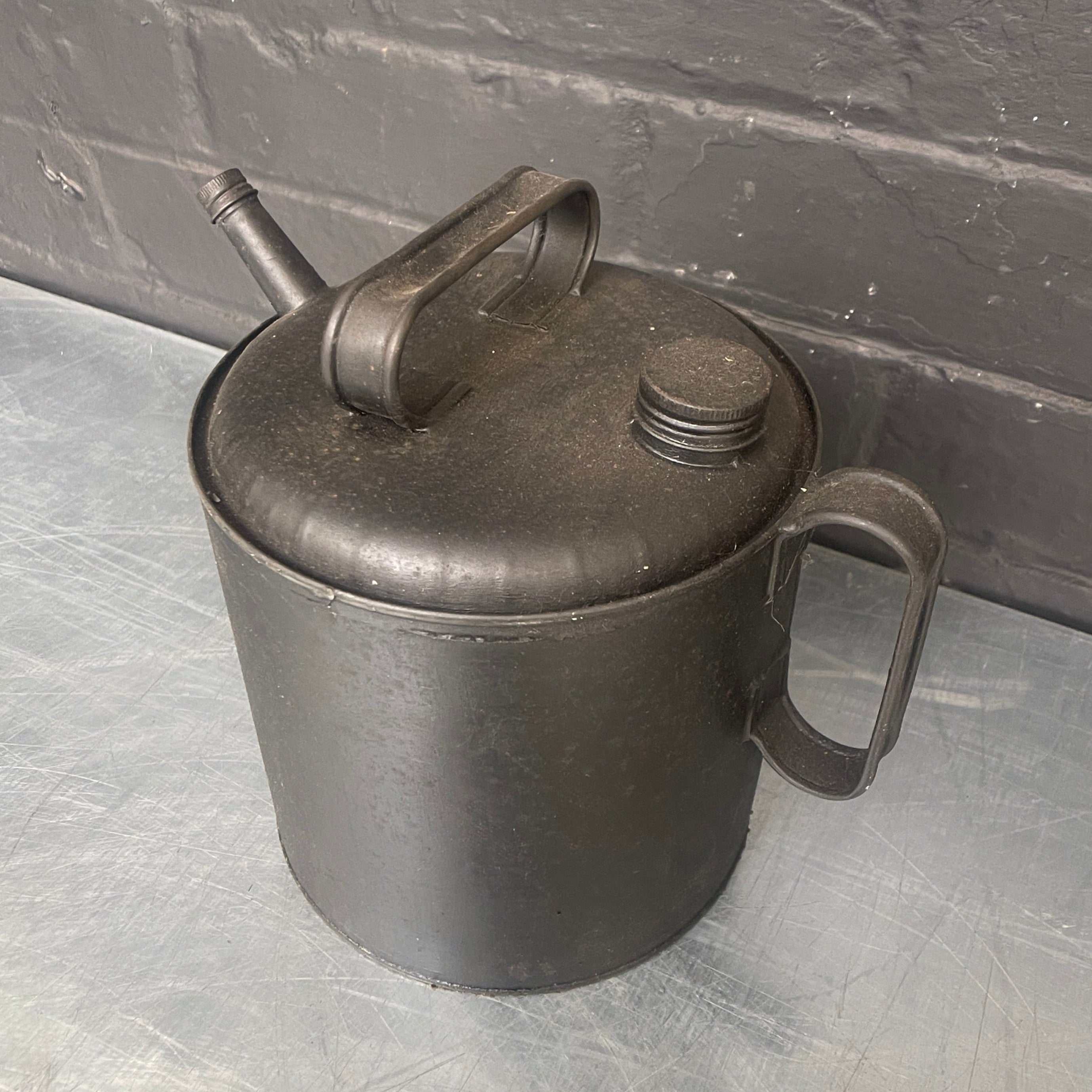 grey jug tin oil can steel metal Industrial powerhouse props prop rental hire vintage movie film set dec 1