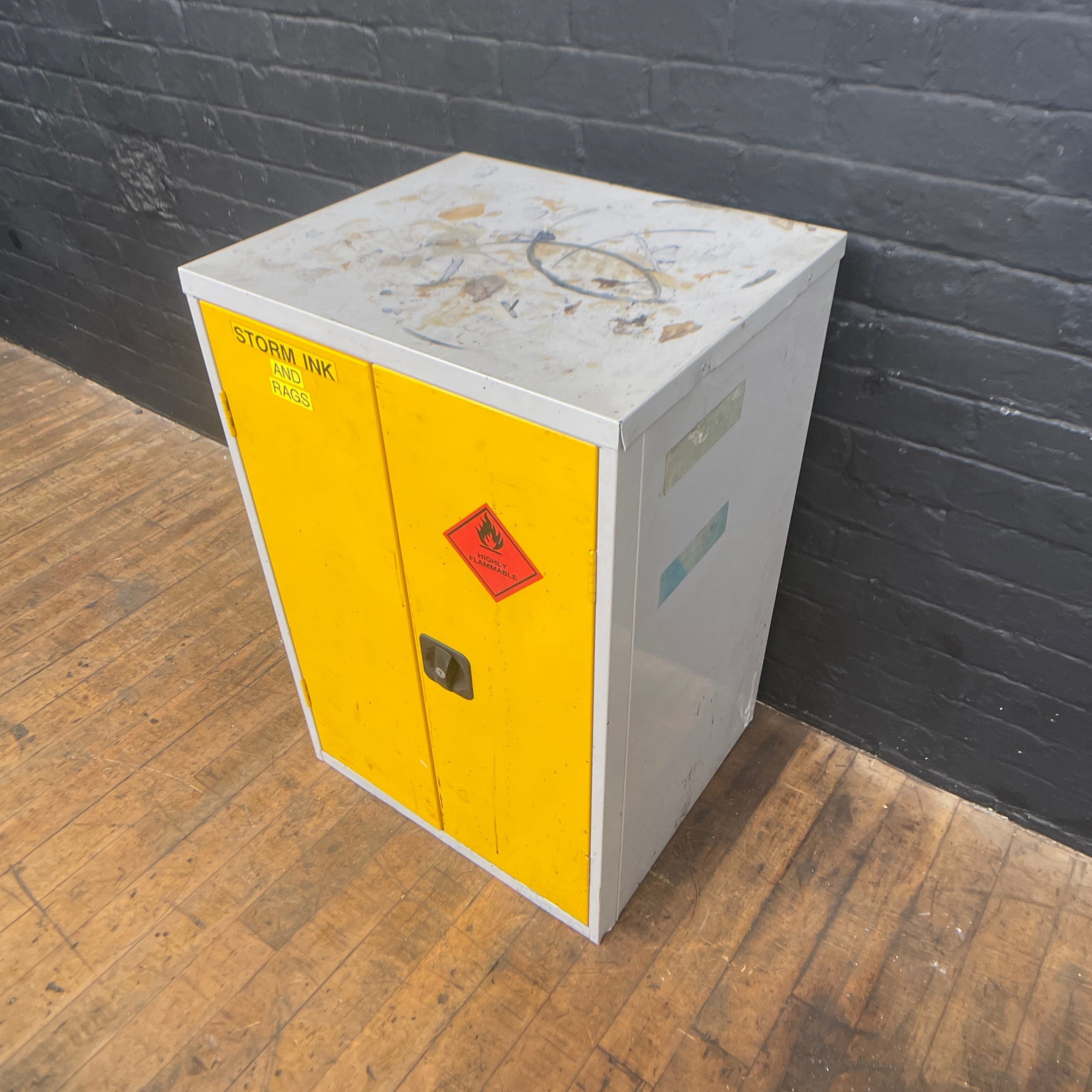 hazardous cabinet COSHH steel safety yellow Industrial powerhouse props prop rental hire vintage movie film set dec 7