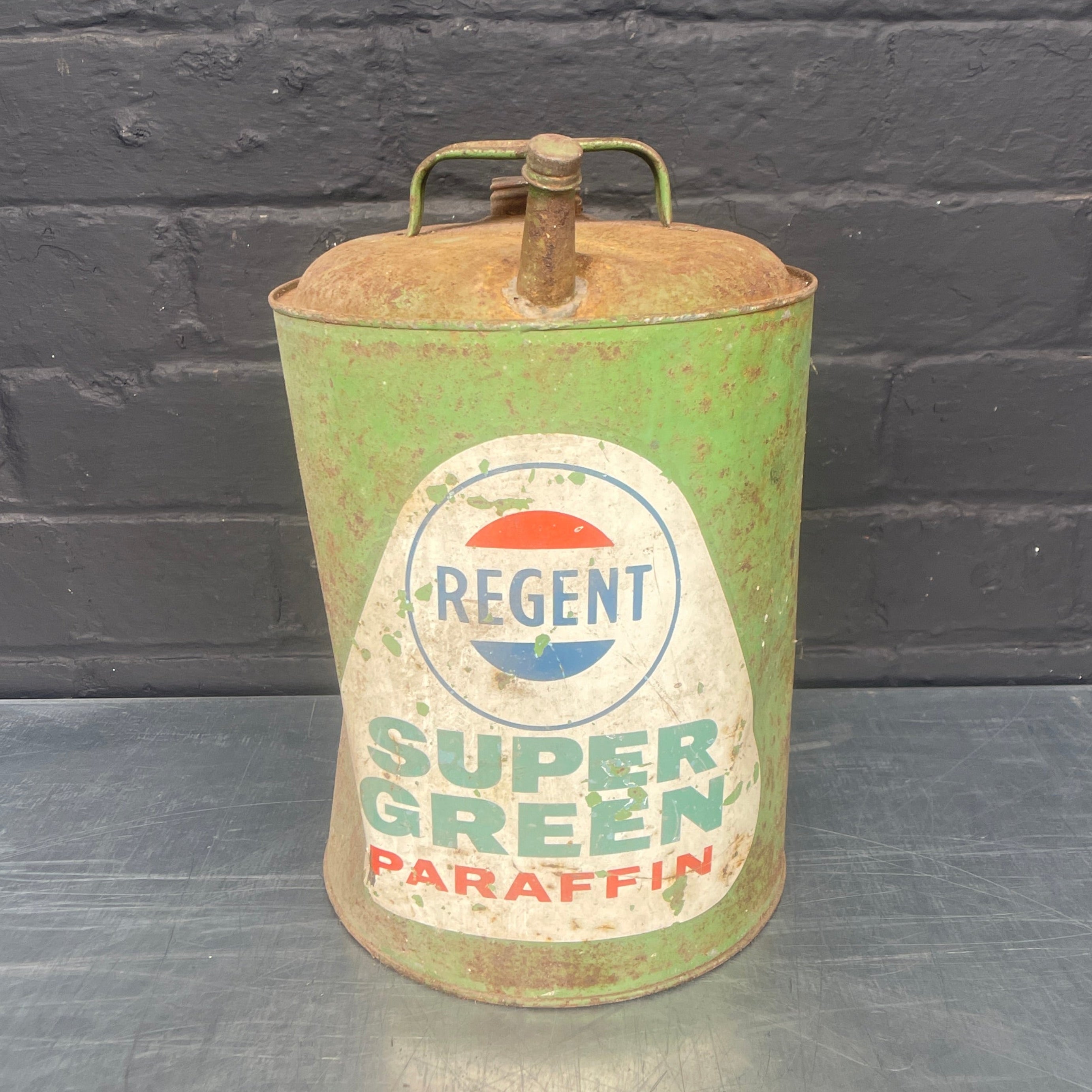metal steel paraffin can tin green Industrial powerhouse props prop rental hire vintage movie film set dec