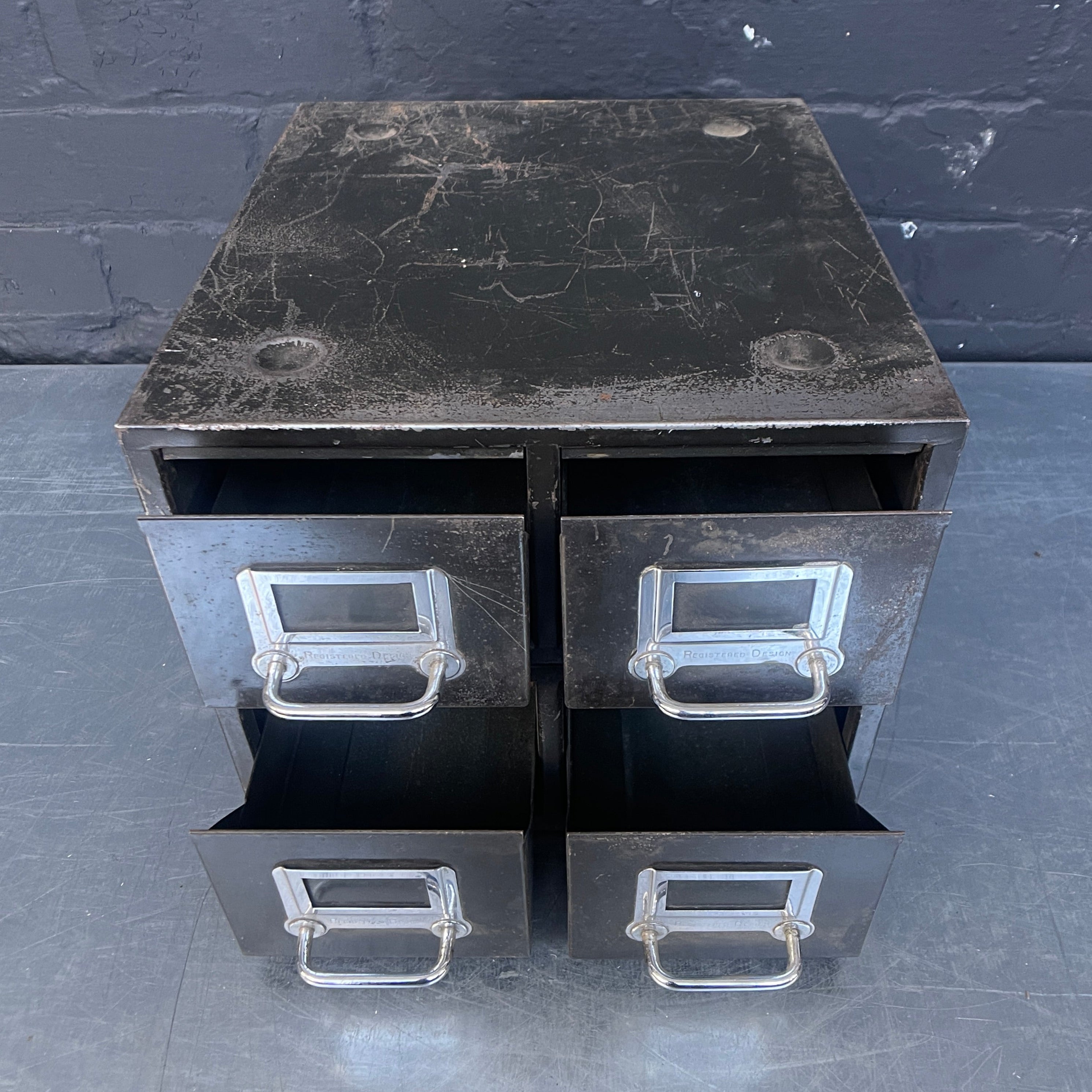 Industrial powerhouse props prop rental hire vintage movie film set dec drawer drawers metal steel cabinet index card black open