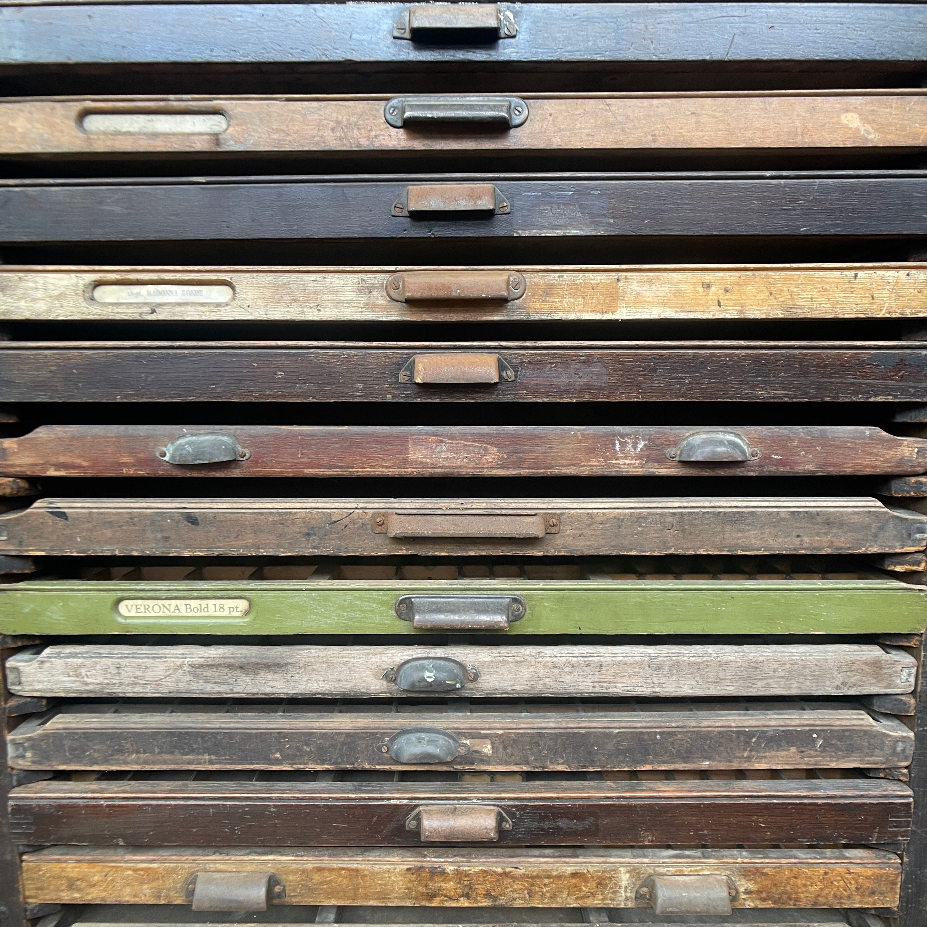 Industrial powerhouse props prop rental hire vintage movie film set dec letterpress printing cabinet drawers printing printers 2