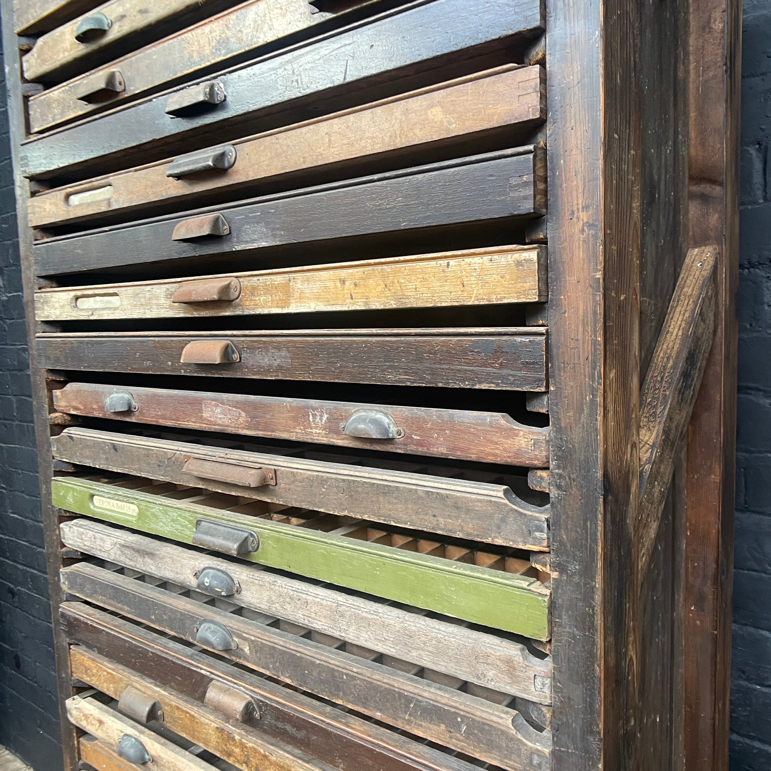 Industrial powerhouse props prop rental hire vintage movie film set dec letterpress printing cabinet drawers printing printers 3