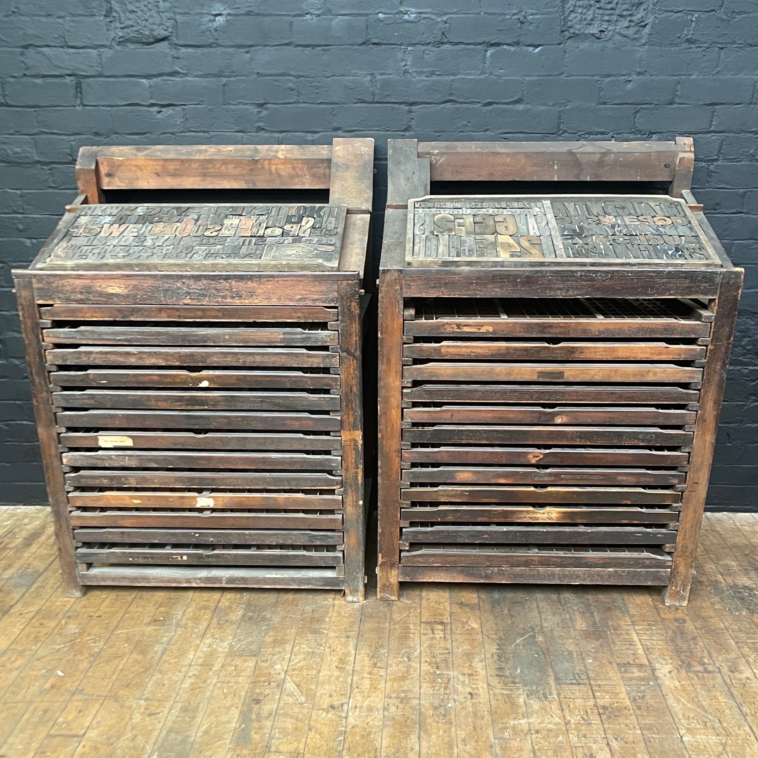 Industrial powerhouse props prop rental hire vintage movie film set dec letterpress printing cabinet drawers printing printers wooden 1