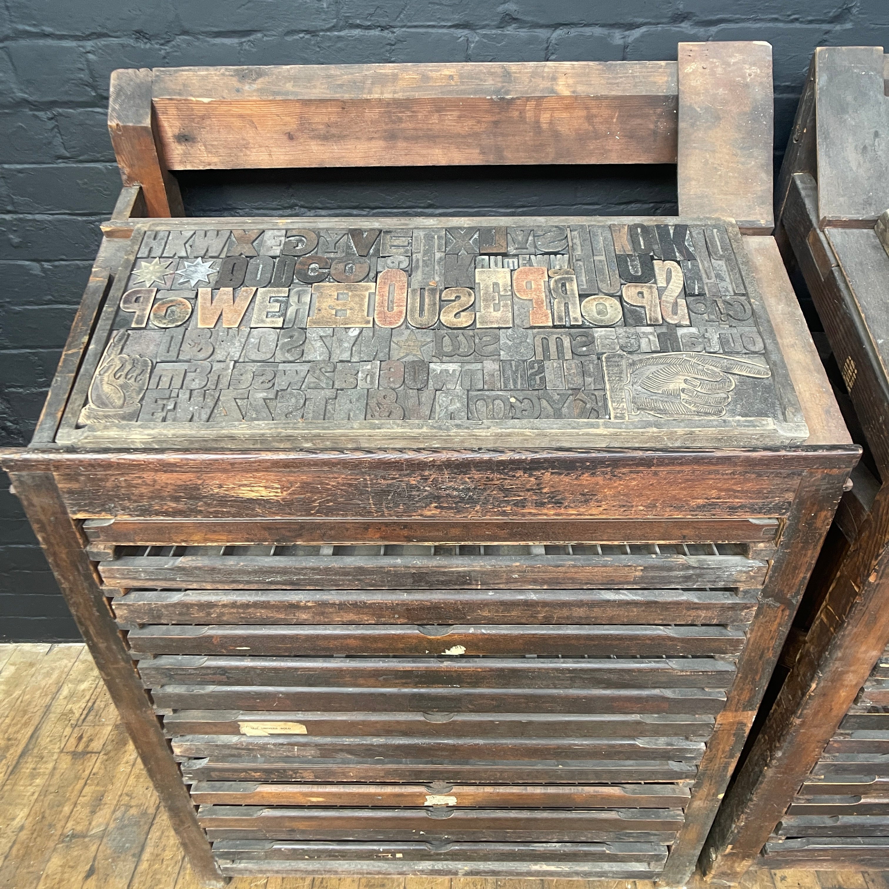 Industrial powerhouse props prop rental hire vintage movie film set dec letterpress printing cabinet drawers printing printers wooden 4