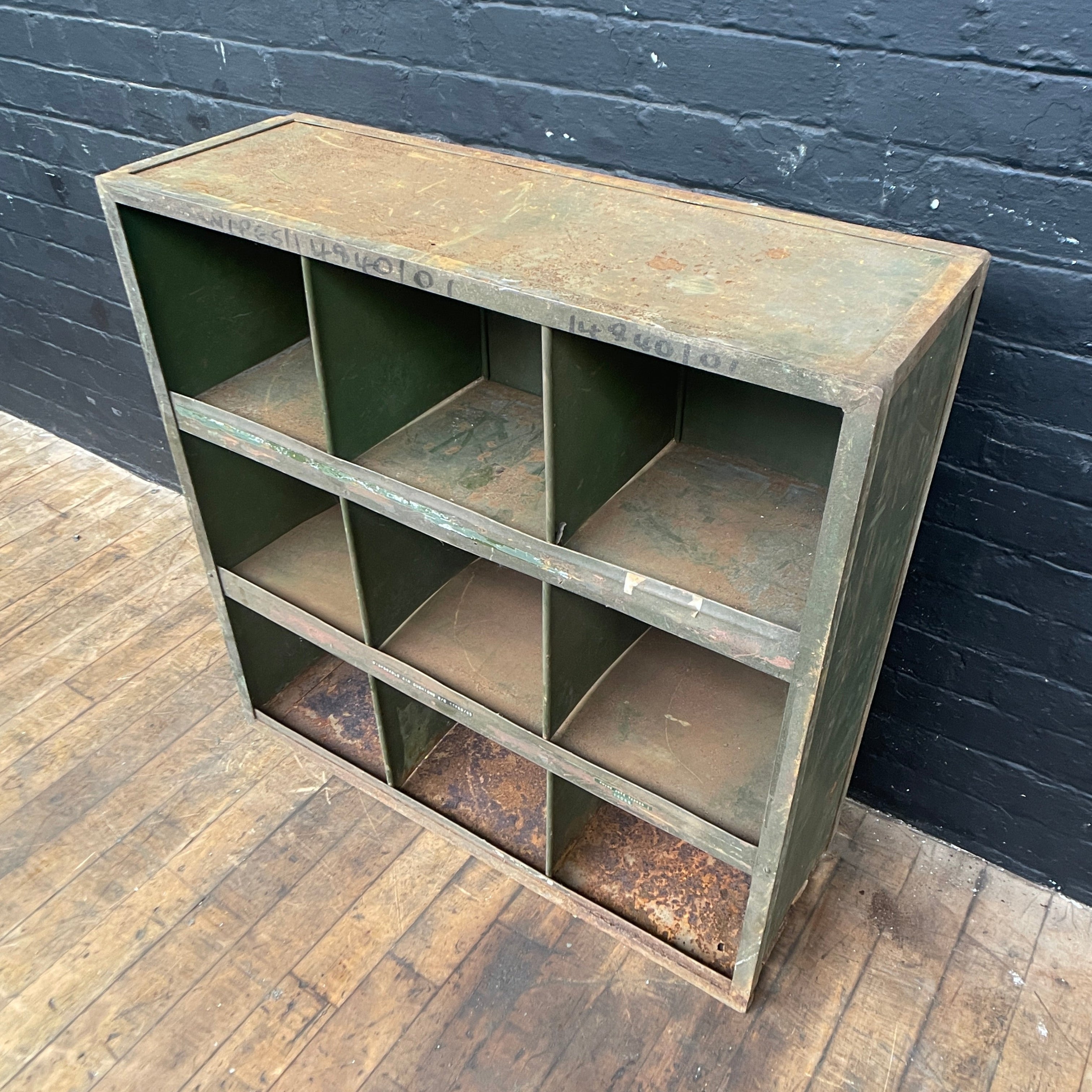 Industrial powerhouse props prop rental hire vintage movie film set dec shelving shelves pigeonholes storage green steel