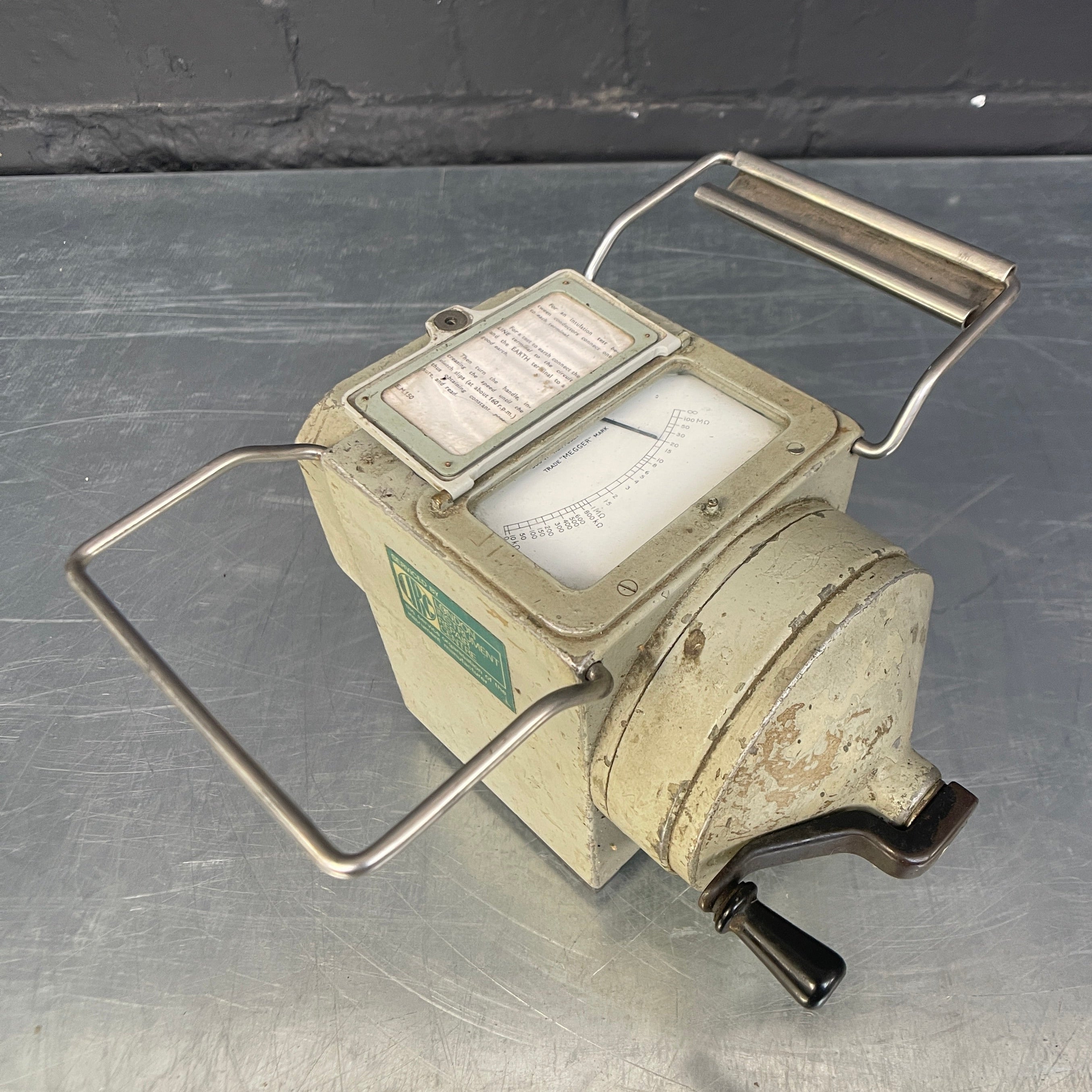 Industrial powerhouse props prop rental hire vintage tv movie film set dec Megger tester green insulation