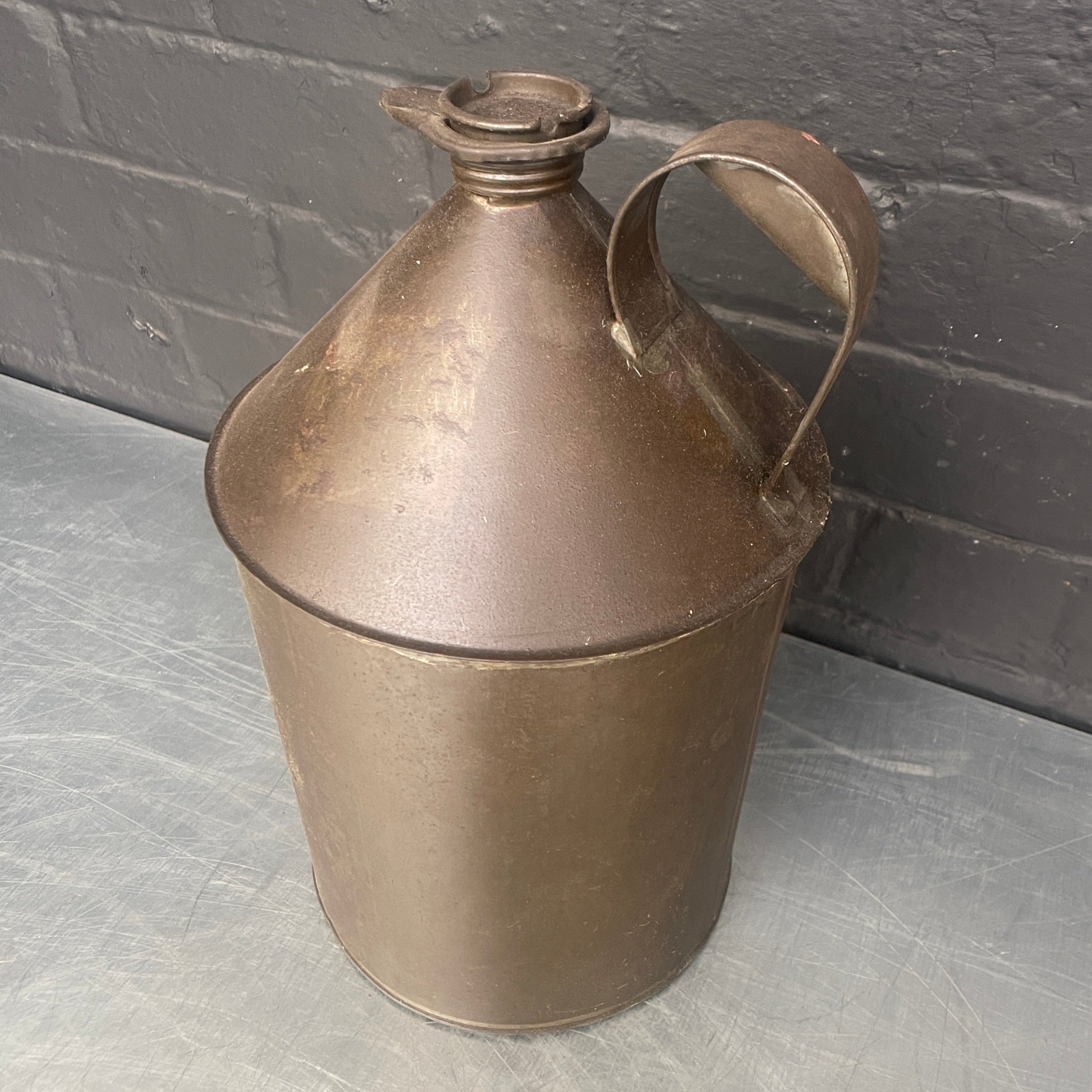 handle grey jug tin oil can steel metal Industrial powerhouse props prop rental hire vintage movie film set dec 1