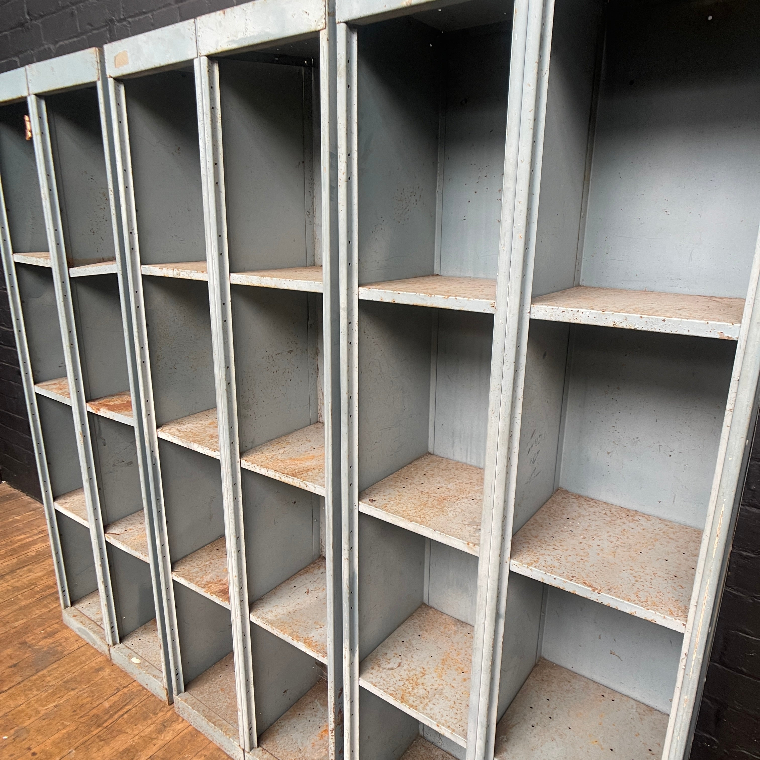 industrial pigeonholes cabinet shelves shelving storage Industrial powerhouse props prop rental hire vintage movie film set dec 2