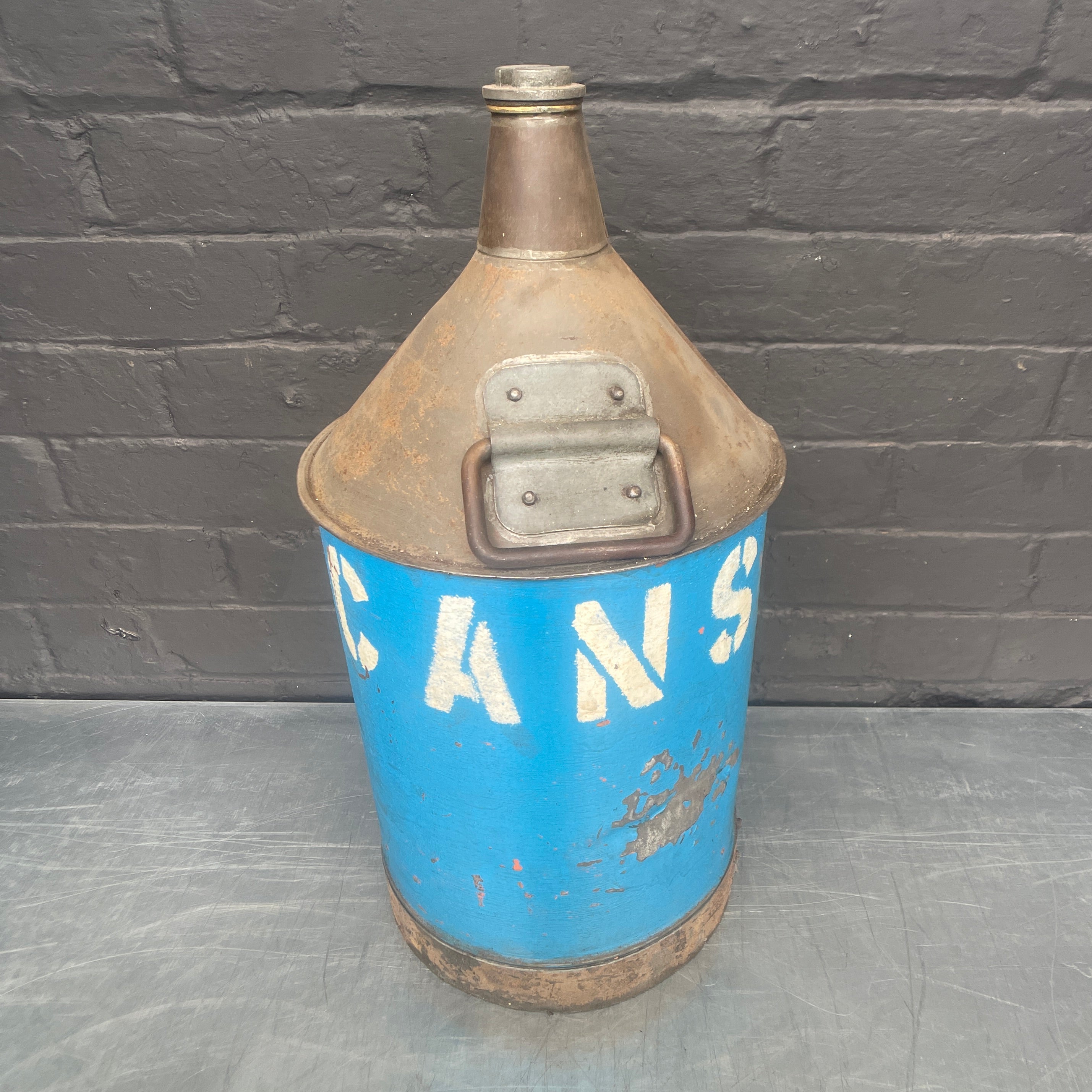 oil can steel metal blue Industrial powerhouse props prop rental hire vintage movie film set dec 1