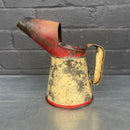 red cream jug tin oil can steel metal Industrial powerhouse props prop rental hire vintage movie film set dec