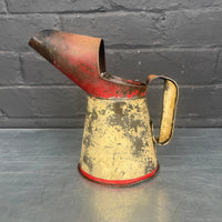 red cream jug tin oil can steel metal Industrial powerhouse props prop rental hire vintage movie film set dec