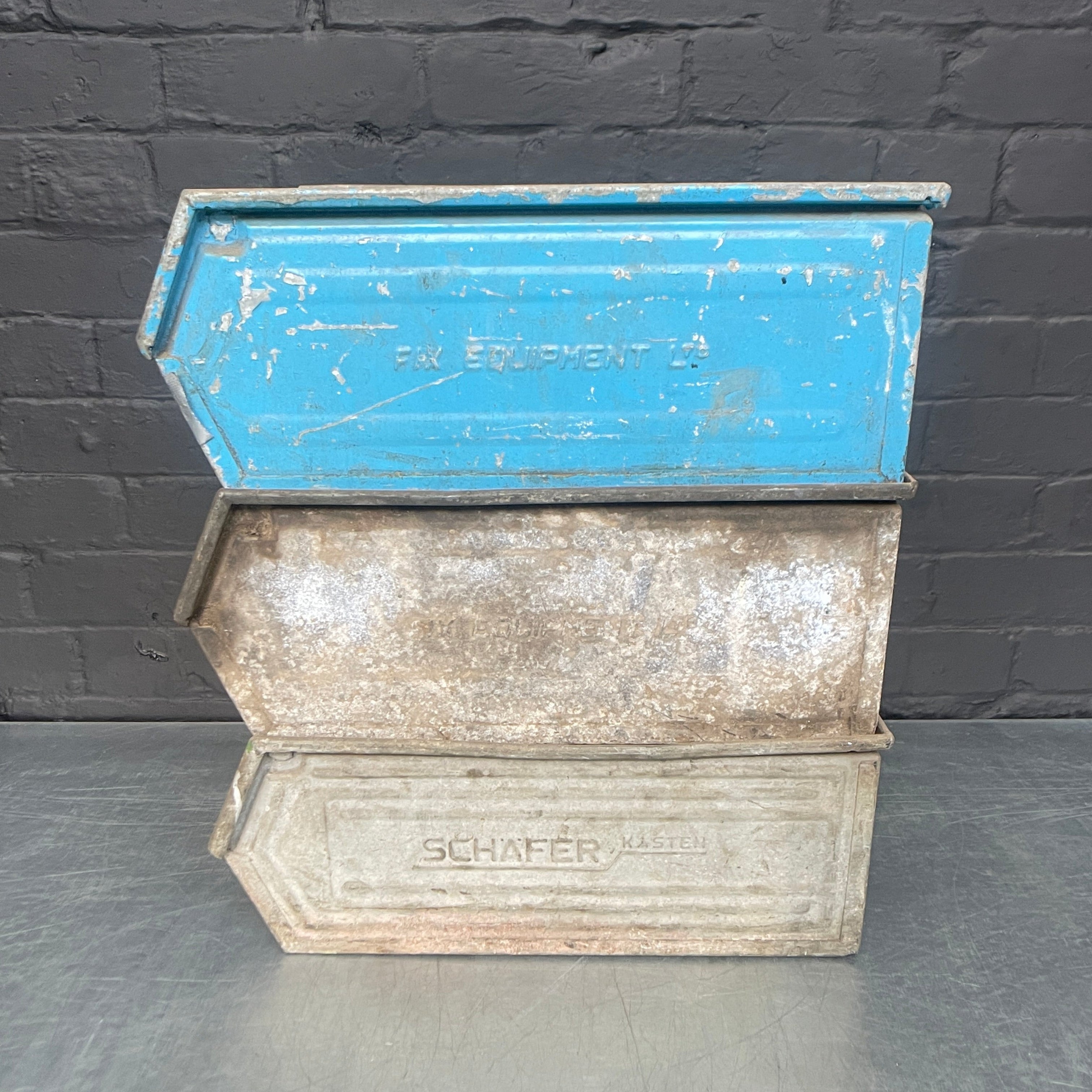 workshop metal steel tote tin storage bin industrial tins Industrial powerhouse props prop rental hire vintage movie film set dec 1